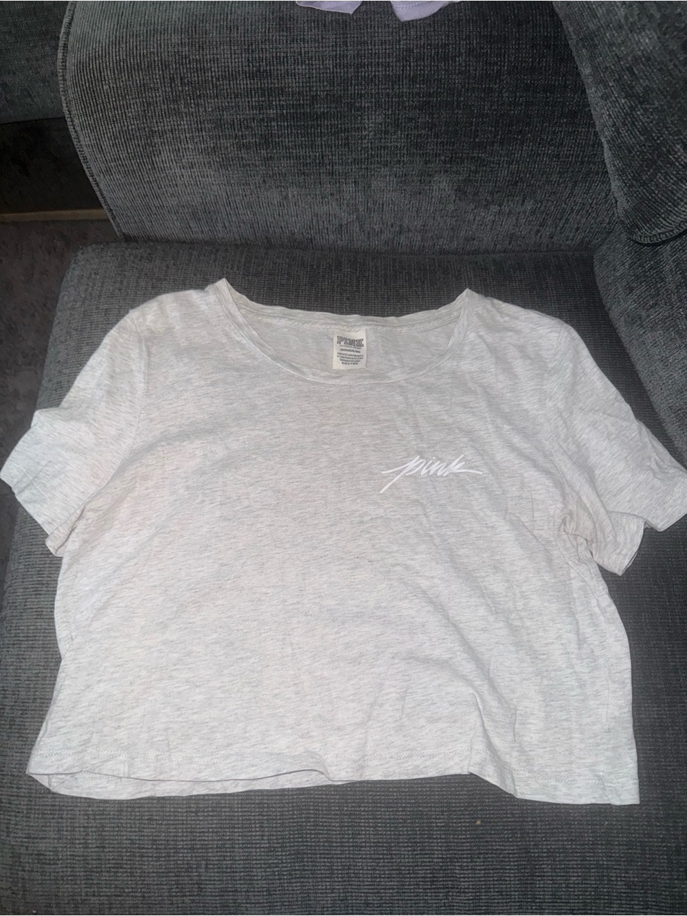 PINK Victoria's Secret Heather Gray Cropped Tee with White Script Logo